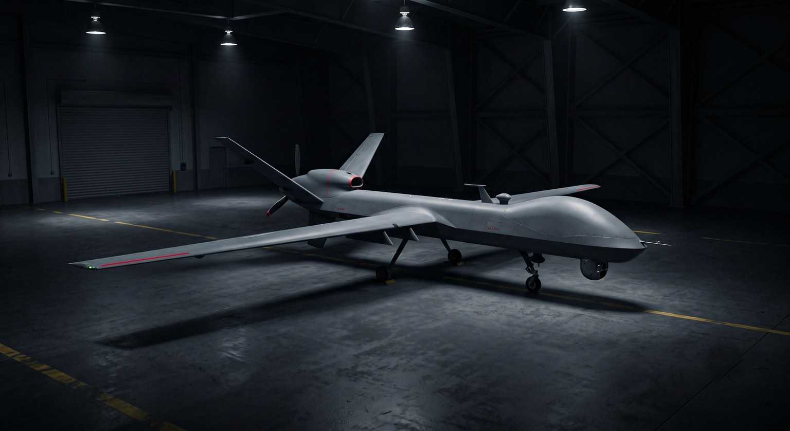 Large fixed-wing uncrewed aircraft in a hangar