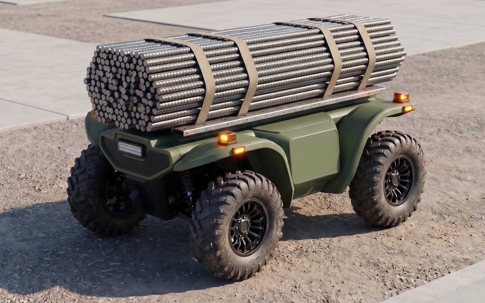 Autonomous ground vehicle transporting steel rebar in an industrial yard